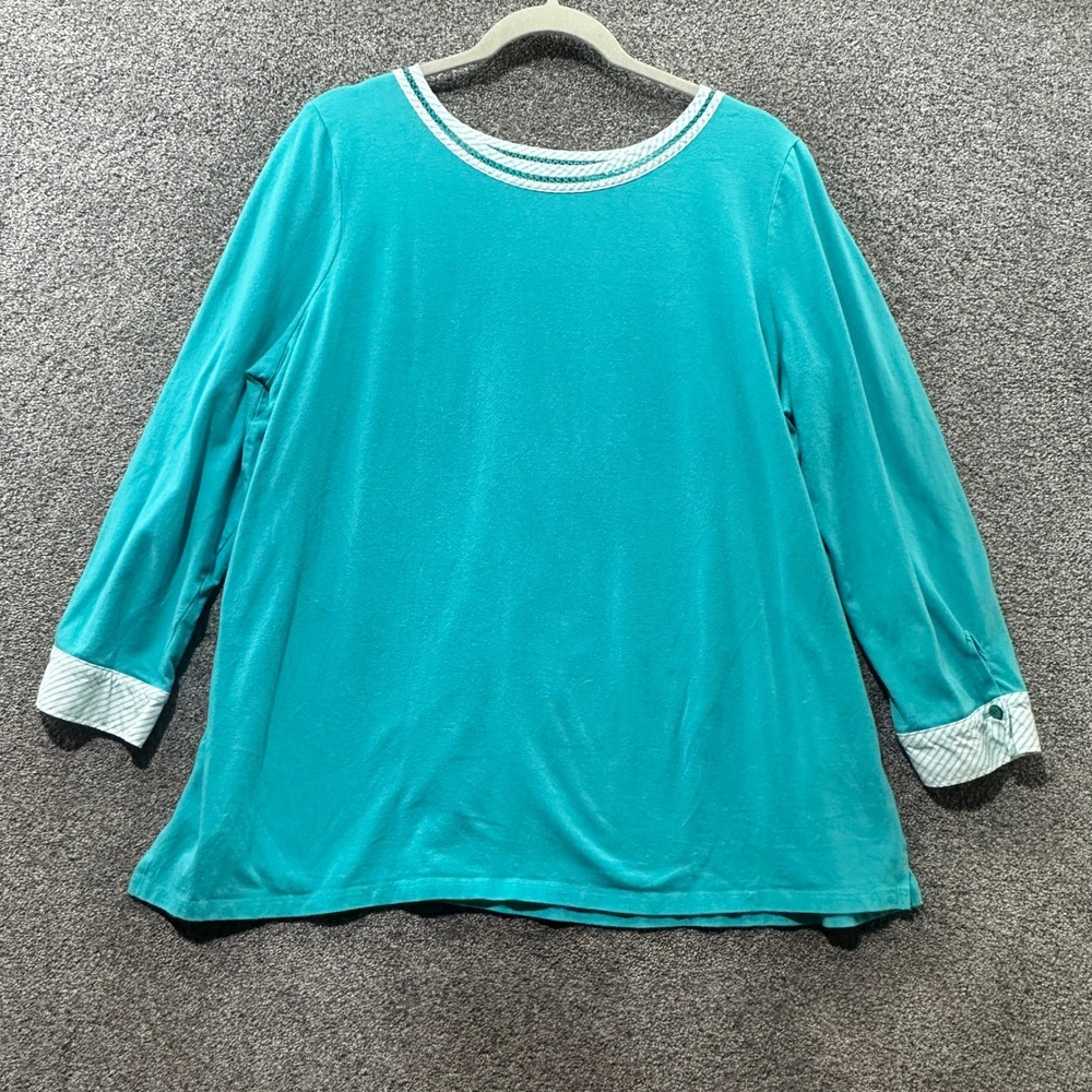 Talbots Blouse Top Woman 1X Teal 3/4 Sleeve Button Cuff Lattice Trim Casual